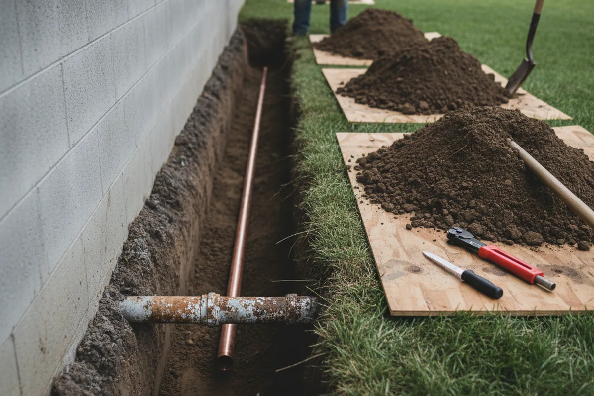 Excavated water line trench during Sewer Line Repair in Locustdale